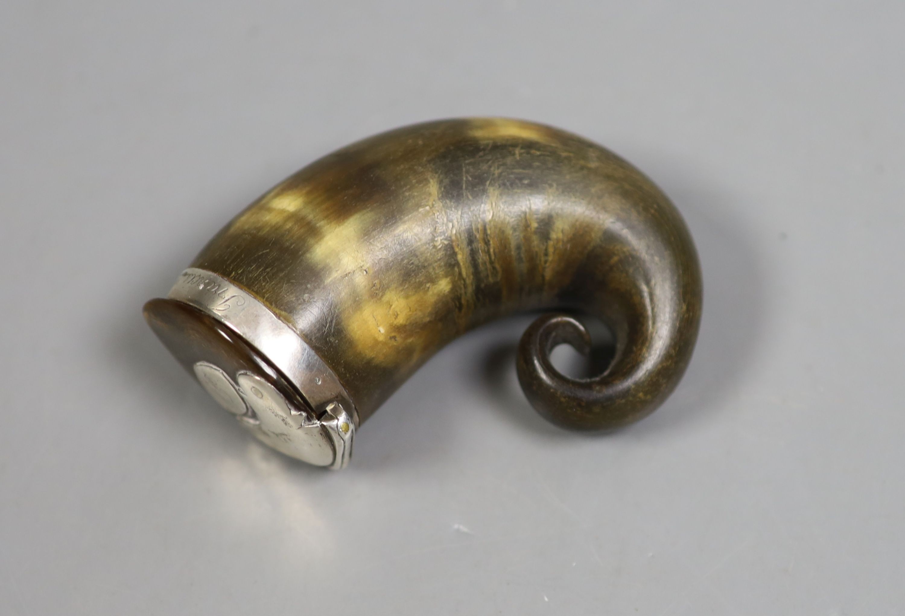 A 19th century Scottish white metal mounted horn snuff mull, inscribed 'Francis Sharp, Limekilns', 75mm.